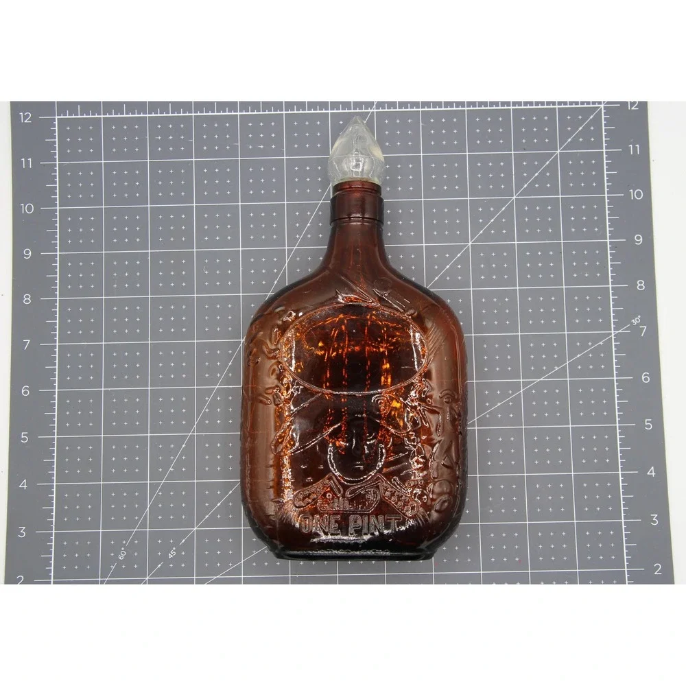 Vintage Amber Glass Pirate Ship One Pint Flask Bottle with Flame Stopper 11.5in